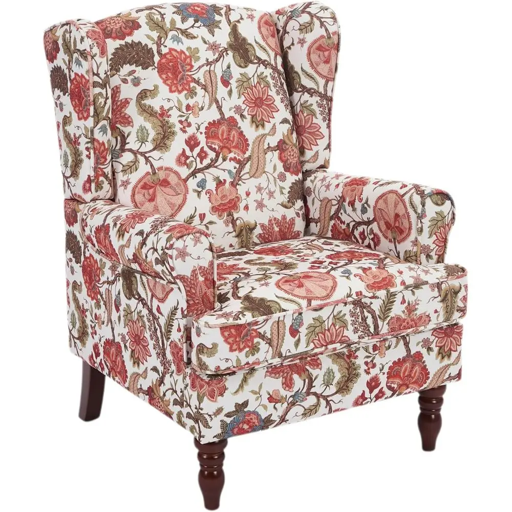 Wingback Accent Chair in Coral Red | High Back, Retro Wooden Legs, Linen Fabric Upholstered Armchair for Living Room or Bedroom