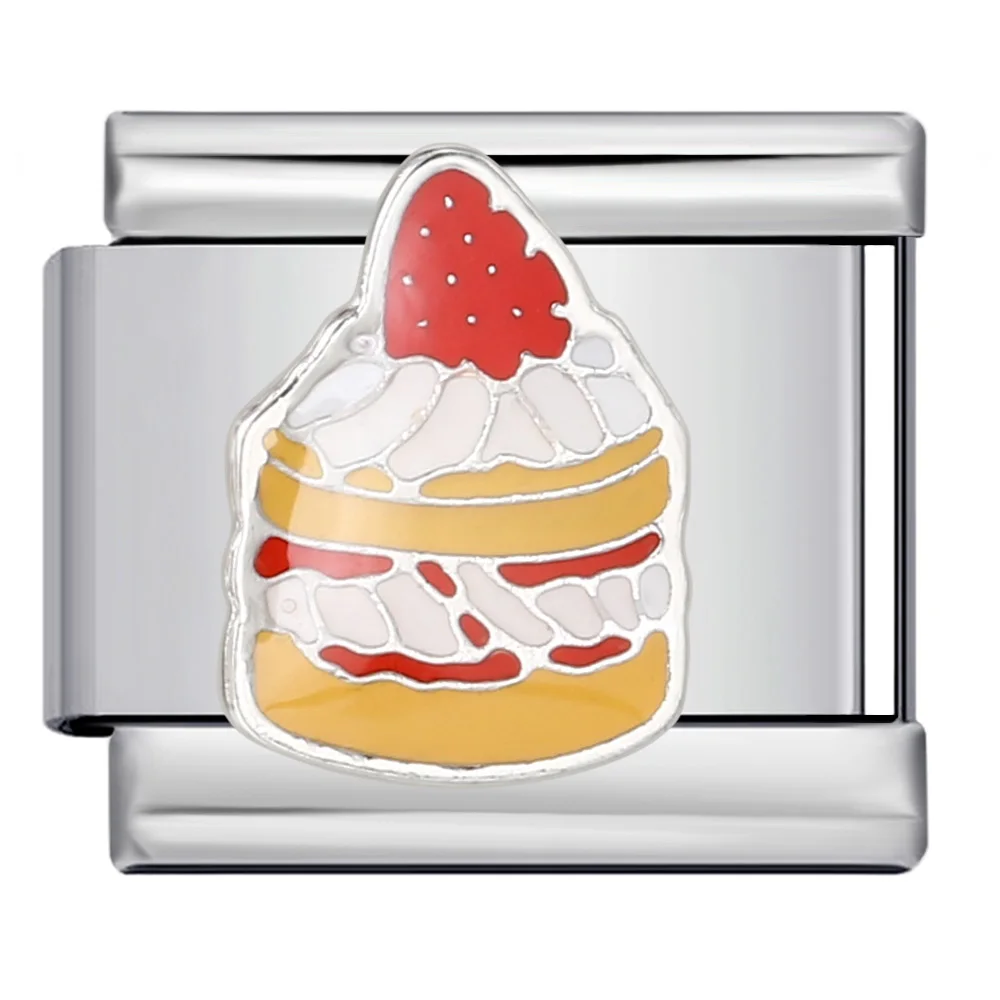 Zarte und farbenfrohe Erdbeer-Käsekuchen-Perlen im italienischen Charm-Stil, passend für 9-mm-Edelstahlarmbänder, zum Selbermachen, ideal als Geschenk. – Detail 4