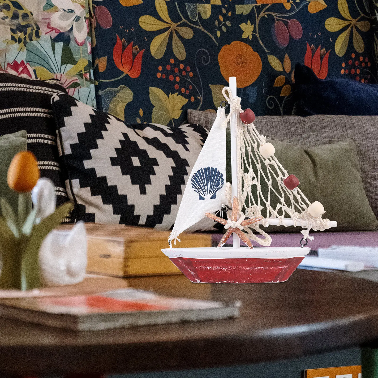 

Handcrafted Wooden Sailboat Decor Mediterranean Sailing Ship Ornament Desktop Tabletop Decoration for Living Room Office