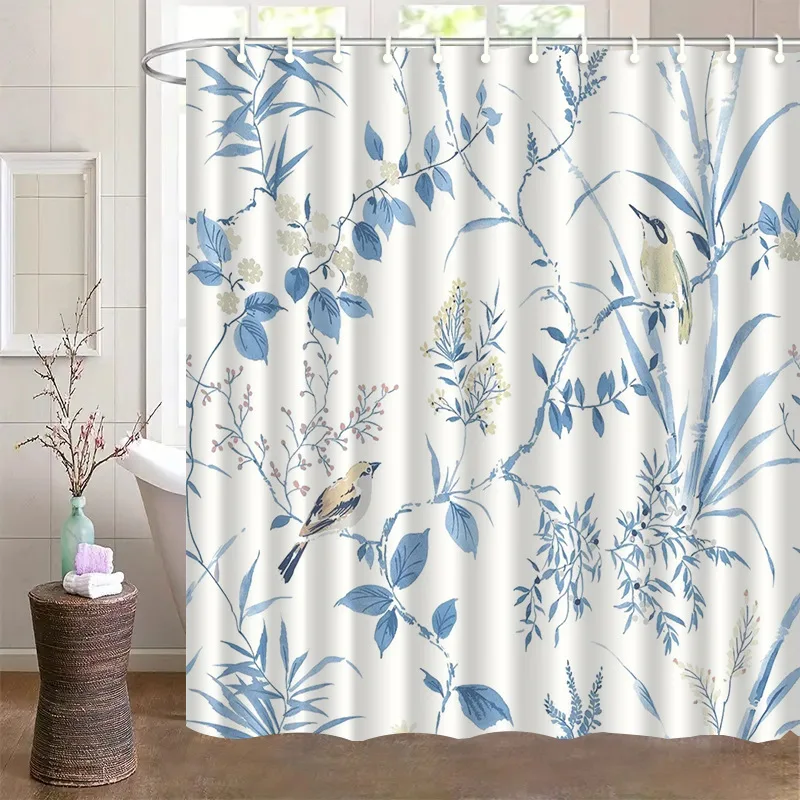 Blue Floral Bird Shower Curtain Machine Washable All Season Waterproof Privacy Protection  Elegant Design Chinese Style 12 hooks