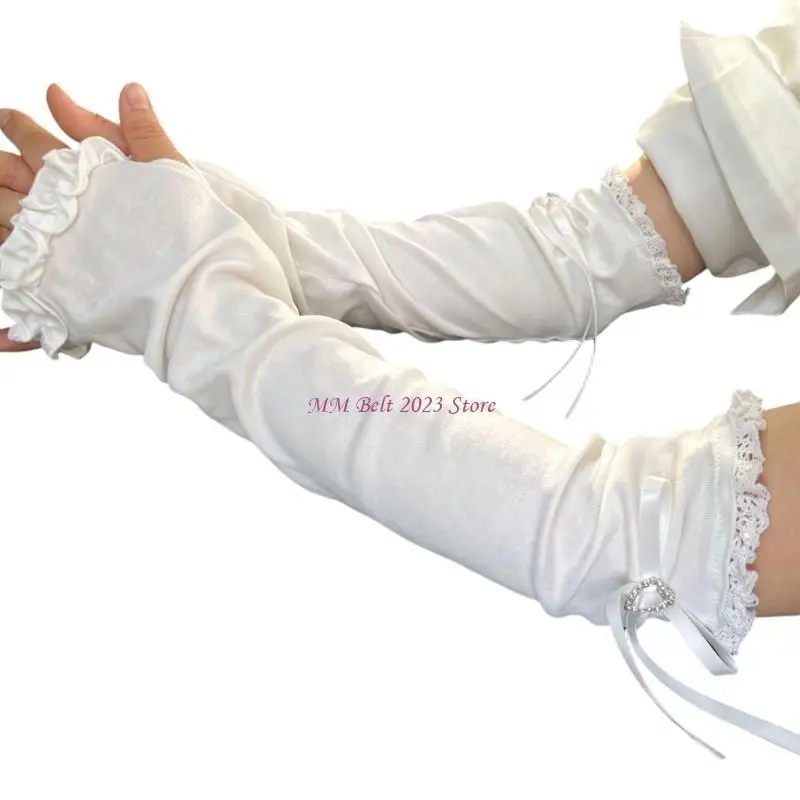 49ME Japanese Styles Cotton Sun Protections Arm Sleeves With Ballet Ruffle And Bowknot Design For Outdoor Activity