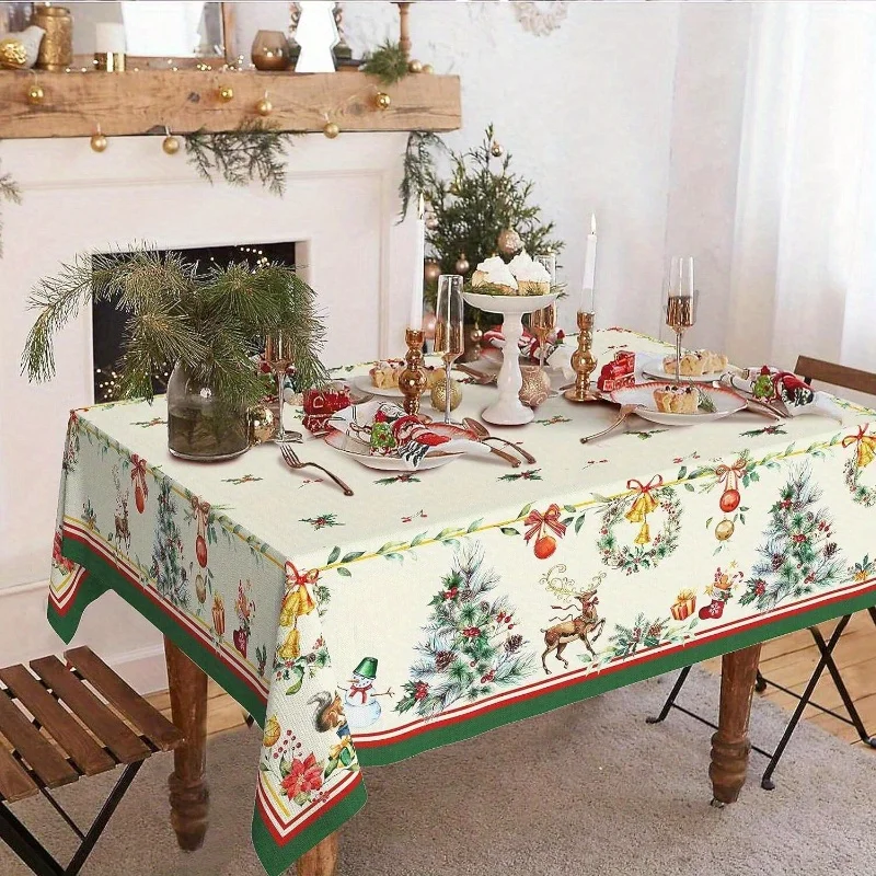 Christmas Festive Tree Reindeer Rectangle Tablecloth Dining Room Decor Waterproof Tablecloth for Table Christmas Decorations