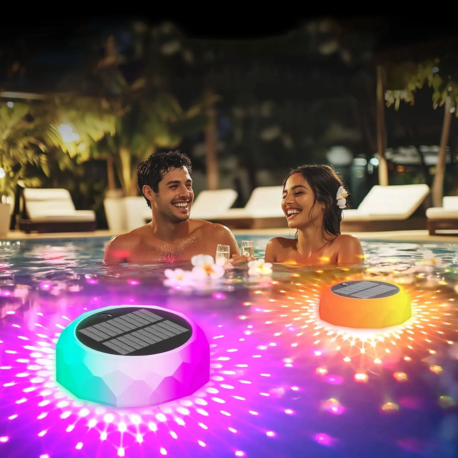 Solar Pool Chlorine Floater, Pool Lights That Float with Remote Control, 8 Lighting, Timing Mode IP68 Waterproof for Pool Party