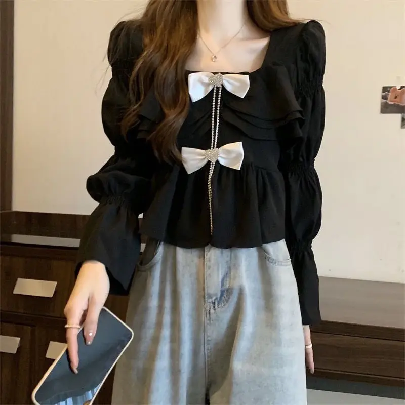 

Femme Spring Summer Korean Fashion Simplicity Bow Solid Color Square Collar Women Shirts All-match Ruffles Shirring Long Sleeve