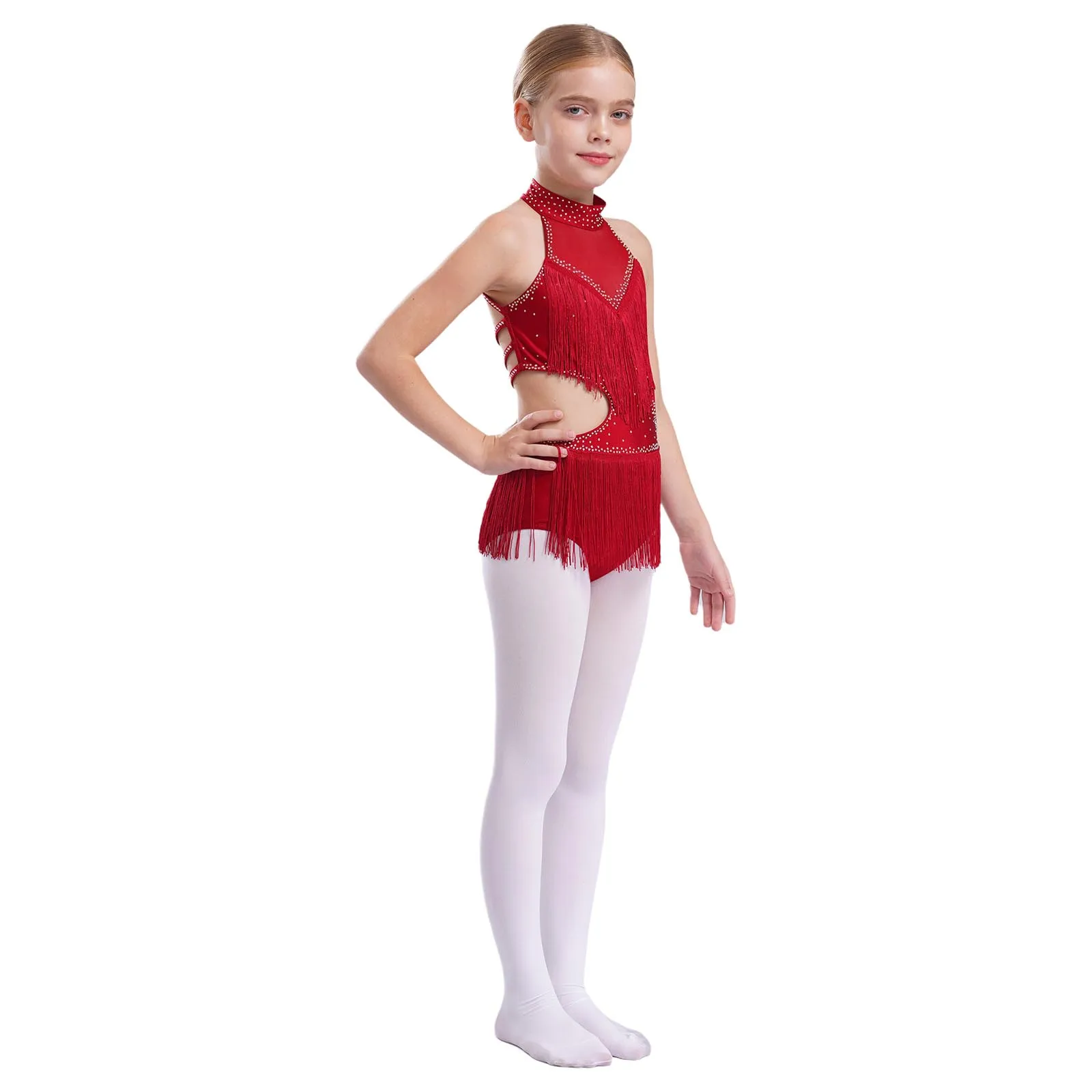 Kids Girls Latin Dance Costume Rhinestones Sleeveless Cutout Tassels Leotard Figure Skating Cha-Cha Tango Ballroom Dancewear