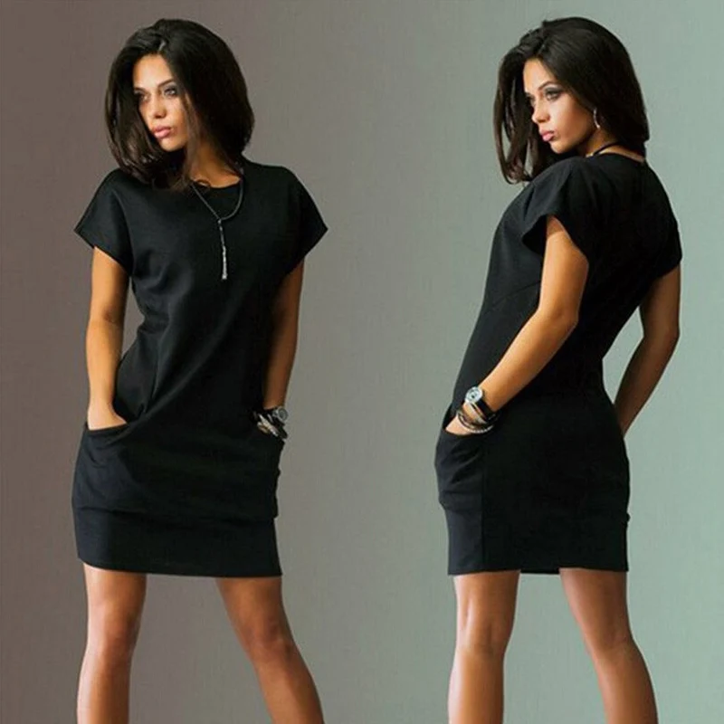 

Women's Summer Fashion Cotton Solid Color T-Shirt Dress Basic Casual Regular Slim Dress O-Neck A-line Dress Plus Size( S-2XL)