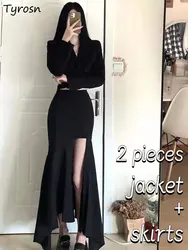 Skirts Sets Women 2pcs Design Slit Asymmetrical Jackets Cropped Sexy Fashion Korean Style Spring Leisure Minimalist Pure Bandage