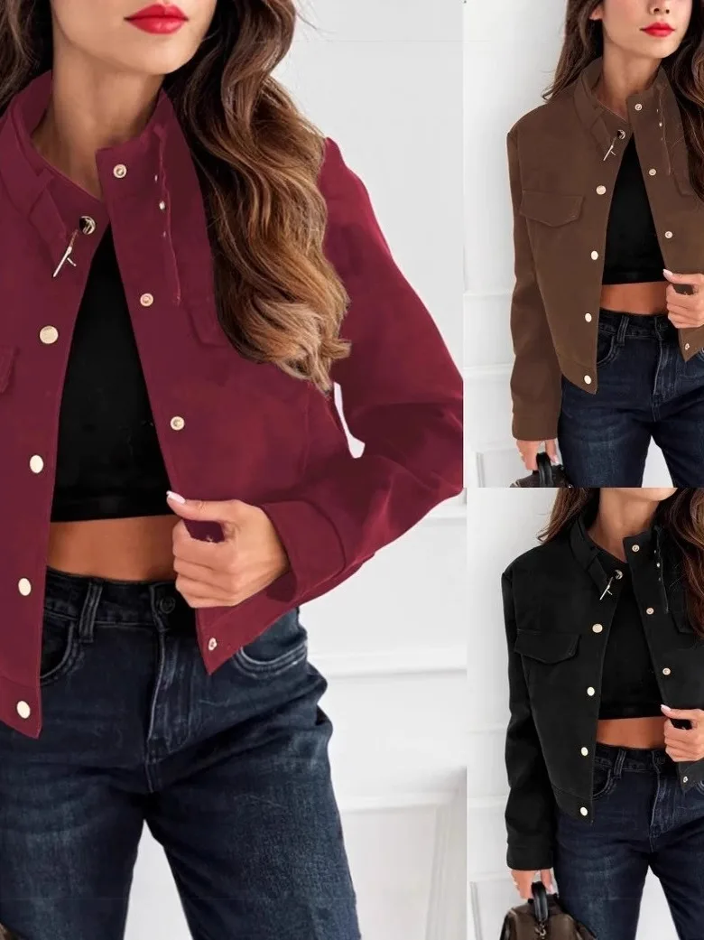 

Faionable Autumn Winter ort Loose Casual Long Sve Stand Collar Single Button Motorcycle Sle Red Outerwear for Women