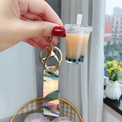 Simulation Pearl Milk Tea Acrylic Key Chain Candy Color Beverage Bottle Keyring Pendant for Couple Kids Backpack Charm Keyfob