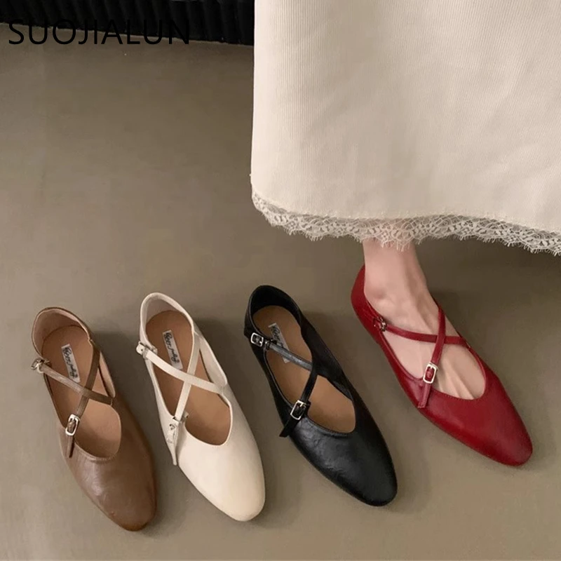 SUOJIALUN 2024 Autumn Women Flat Shoes Fashion Round Toe Ladies Elegant Mary Jane Shoes Soft Flat Heel Outdoor Dress Ballerinas