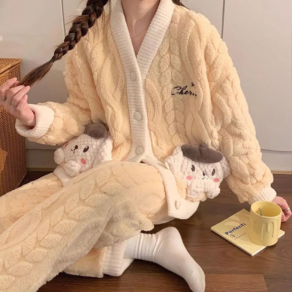 Anime Cute Pompompurin Cinnamoroll Pajamas Suit Sanrioed Kawaii Cartoon Plush Homewear Women Winter Flannel Girls Warm Nightwear