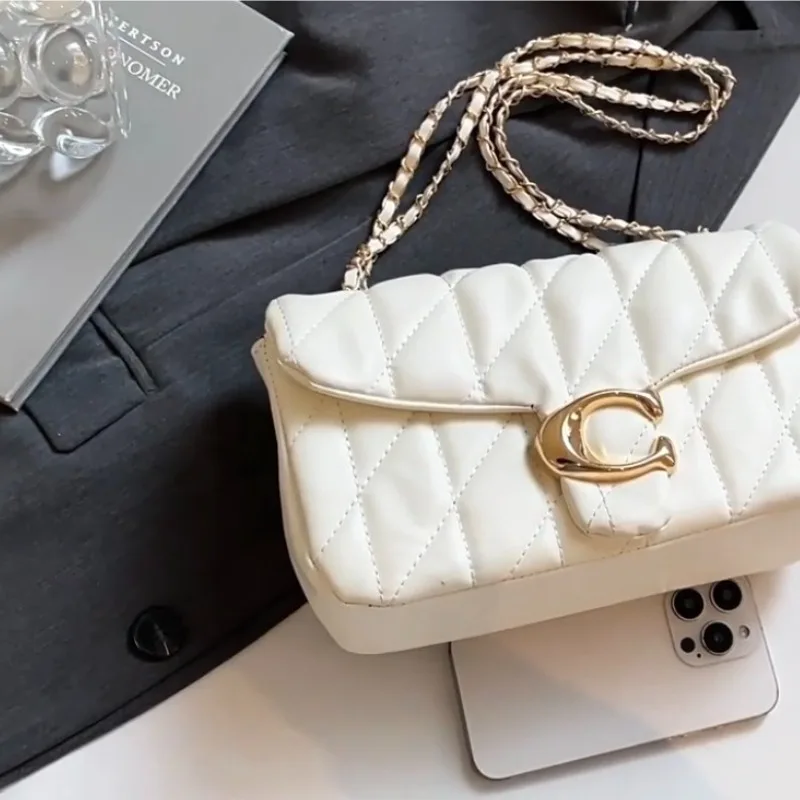 Damen Gesteppte Leder-Umhängetasche Luxus C-Logo Goldkette Crossbody-Tasche Designer Kleine Klapptasche Vintage Schwarze Abendclutch – Detail 7