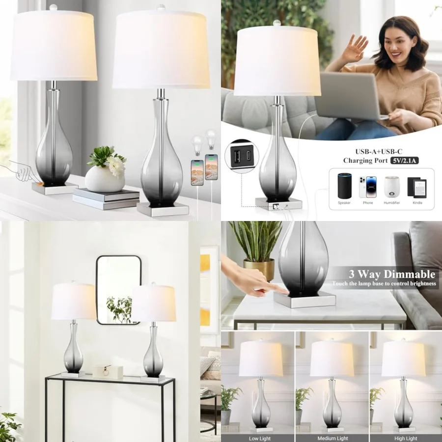 

Table Lamps Set of 2 with Touch Control, 3-Way Dimmable Modern Glass table lamp for Living Room with USB C and A Charging Ports