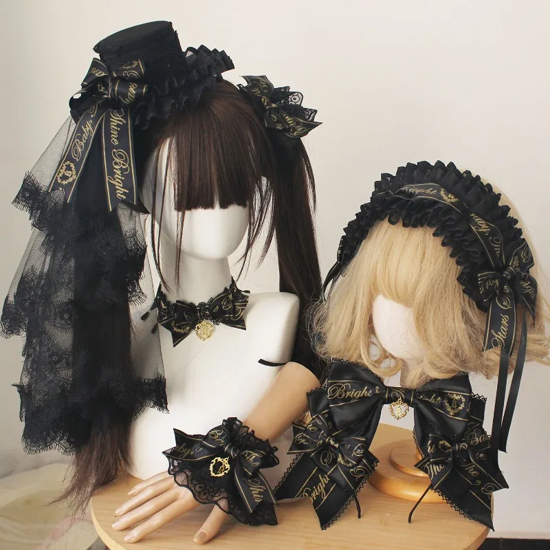 2026 New Gothic Sweet Black‑Gold Bow Lolita Hair Accessories,Dreamy Bow Mini Top Hat, Headband KC Cosplay Party Girls Hair Decor