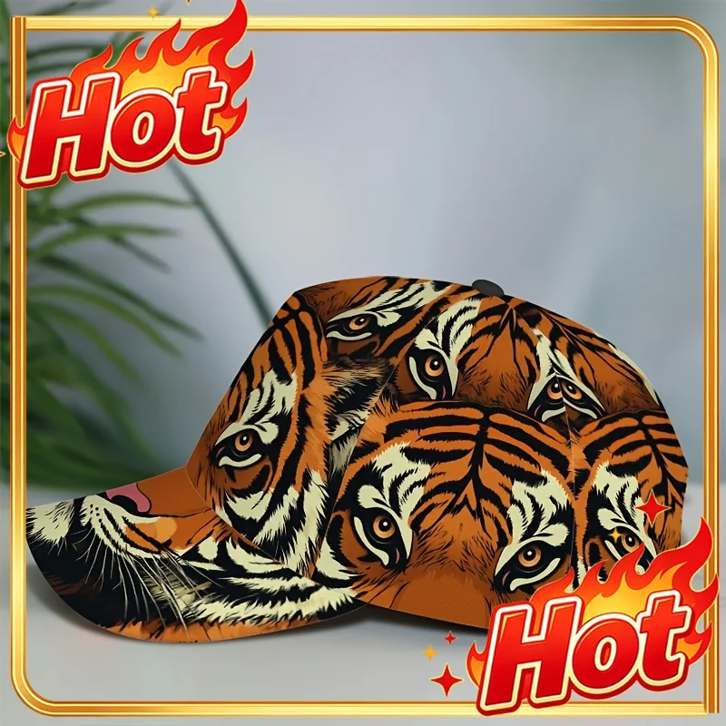 Custom Men's Baseball Cap, Flame Tiger Eye Print Baseball Cap - Adjustable Snapback, Black and Orange Design, Casual Duckbill