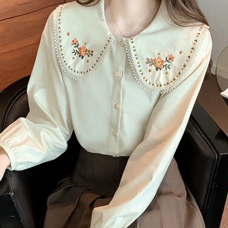 Solid Long Sleeve Shirts Women Spring Ulzzang Retro Sweet Tops College Embroidery Peter Pan Collar Loose Trendy Gentle Popular