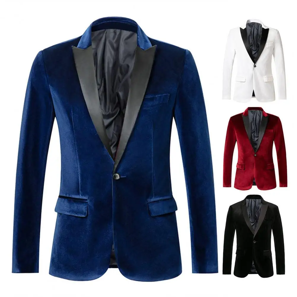 แจ็คเก็ตอาหารค่ําอย่างเป็นทางการ เสื้อสูทกํามะหยี่สีทองหรูหราพร้อมปกปุ่มเดียว เสื้อแจ็คเก็ตแขนยาวสําหรับธุรกิจสวมใส่อย่างเป็นทางการ