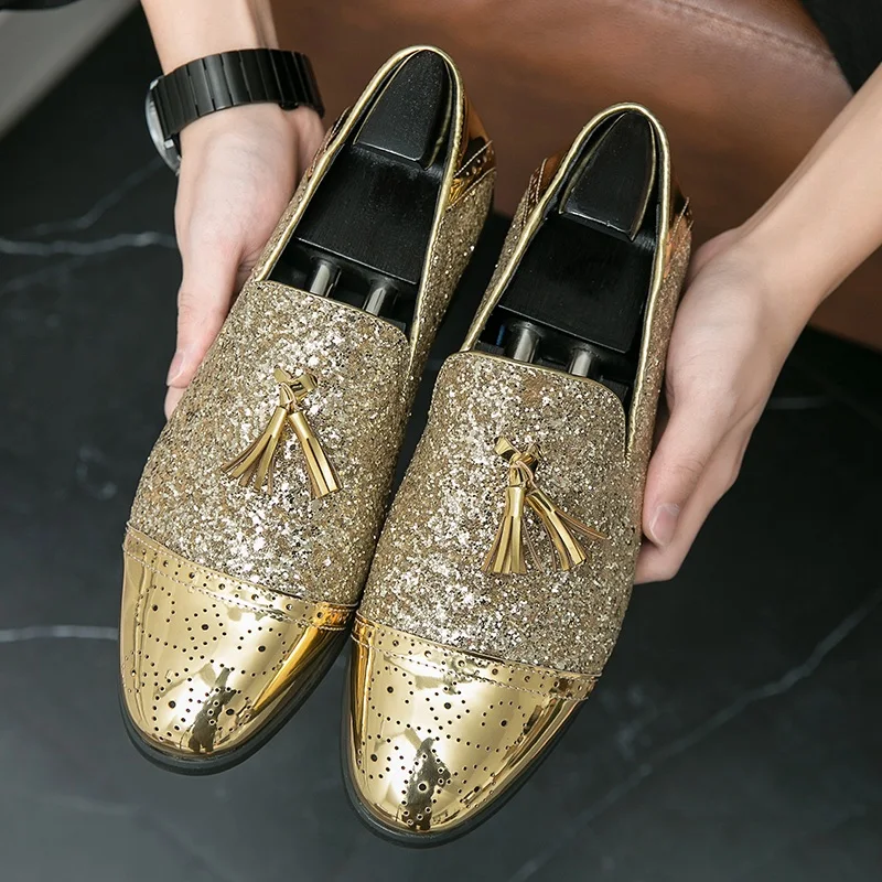 Men Wedding Tassels Leather Shoes Luxury Designer Pointed Gold Sequin  Loafers Brand Dress Evening Footwear Zapatos Hombre - AliExpress 322