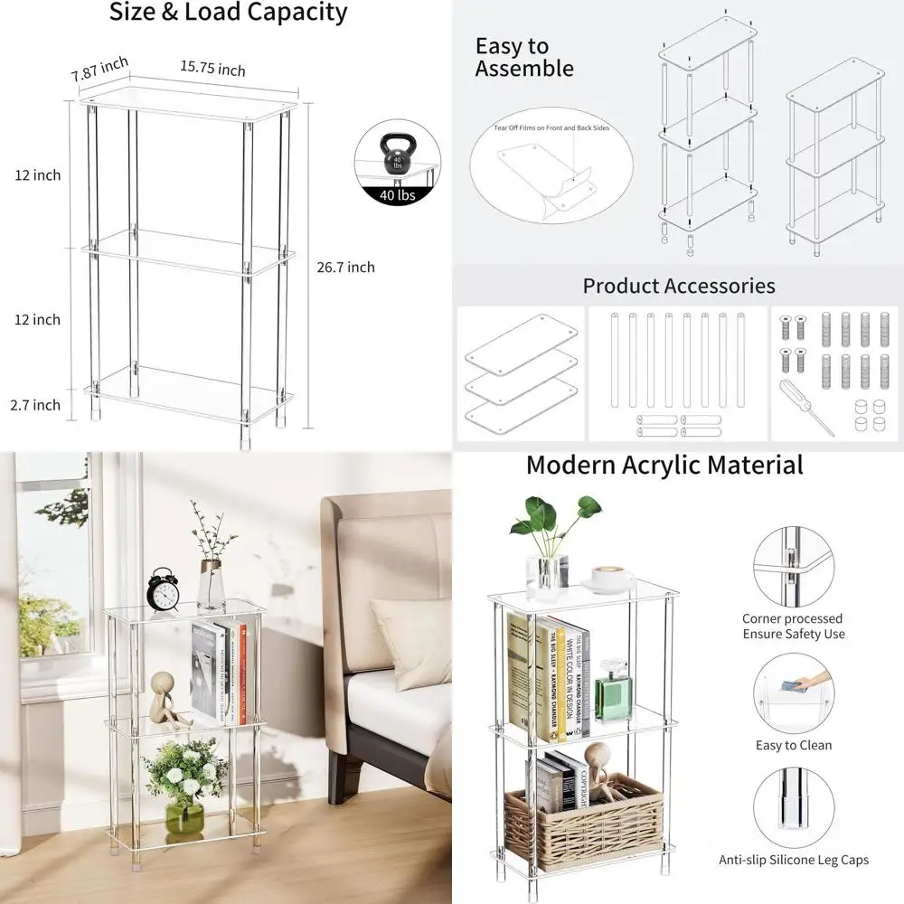 

Compact 3-Tier Acrylic Side Table, 15.75 Long, 7.87 Wide, 26.7 Tall, Ideal for Small Spaces in Bedrooms, Bathrooms, and Living R