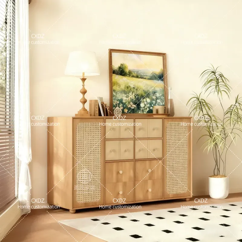 New Chinese Style Ash Wood Dining Side Cabinet with Rattan Doors Storage Locker Home Furniture Antique Log Color Customizable