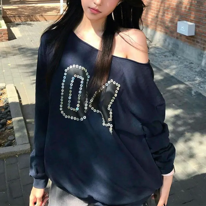 

Casual Number Printed Loose Hoodies Women's Clothing Stylish Off Shoulder Spring Autumn Skew Collar American Retro Sweatshirts