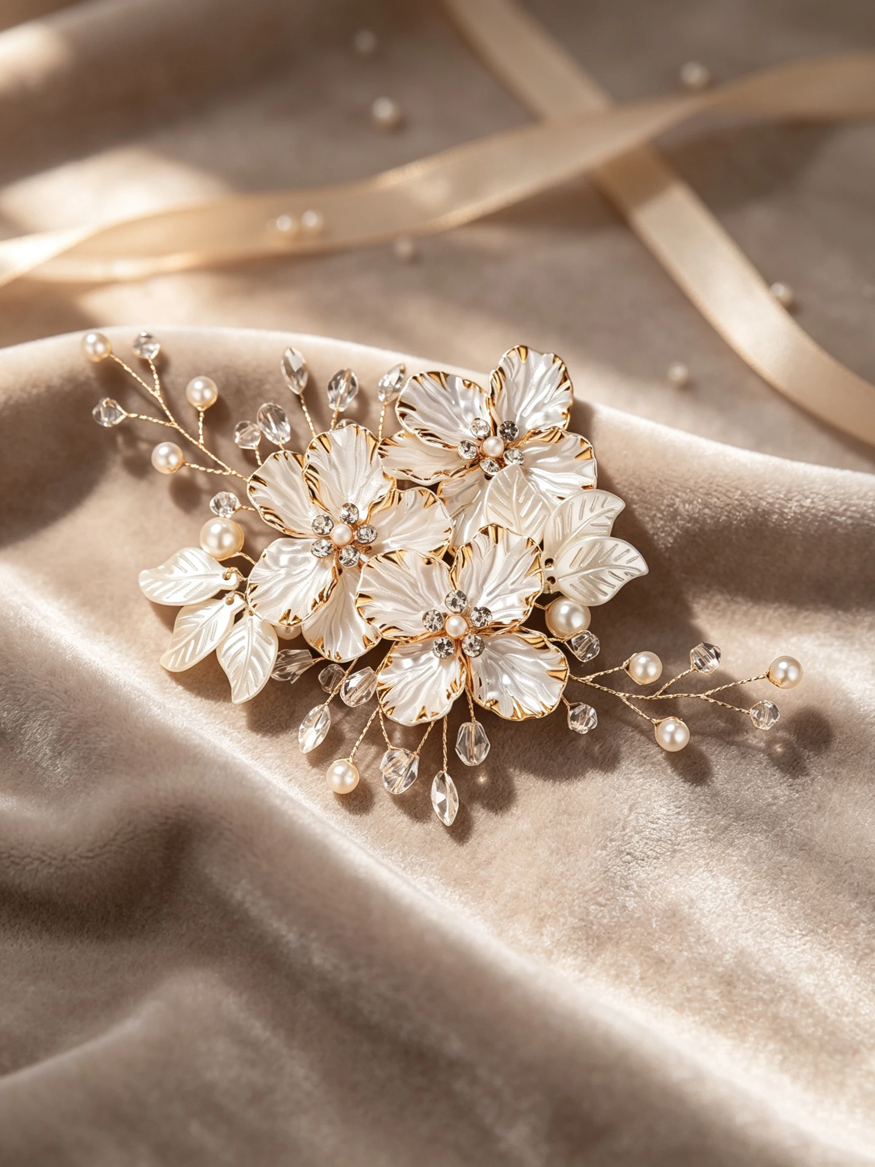 Bridal Flower Pearl Crystal Hairpin, Gold-Edged Floral Hair Accessory, Wedding Evening Dress Side Hair Ornament, Wedding Dress Accessory