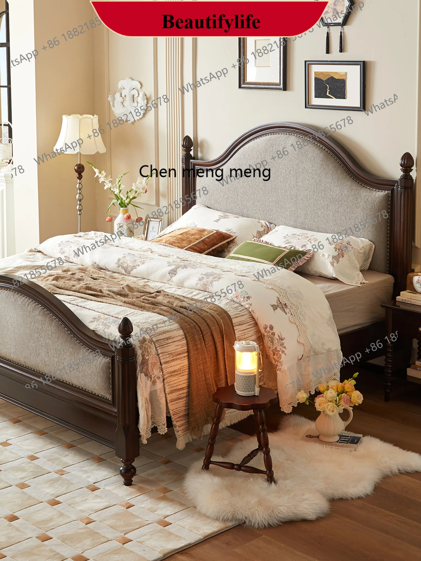 

E153 American retro solid wood bed 1.8 meters fabric soft bed small apartment bedroom double wedding bed