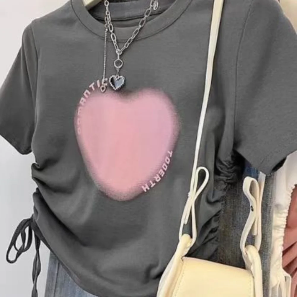 Casual Women\'s Summer Short Sleeved T Shirt Comfortable Top Round Neck with Drawstring Polyester Spandex Blend