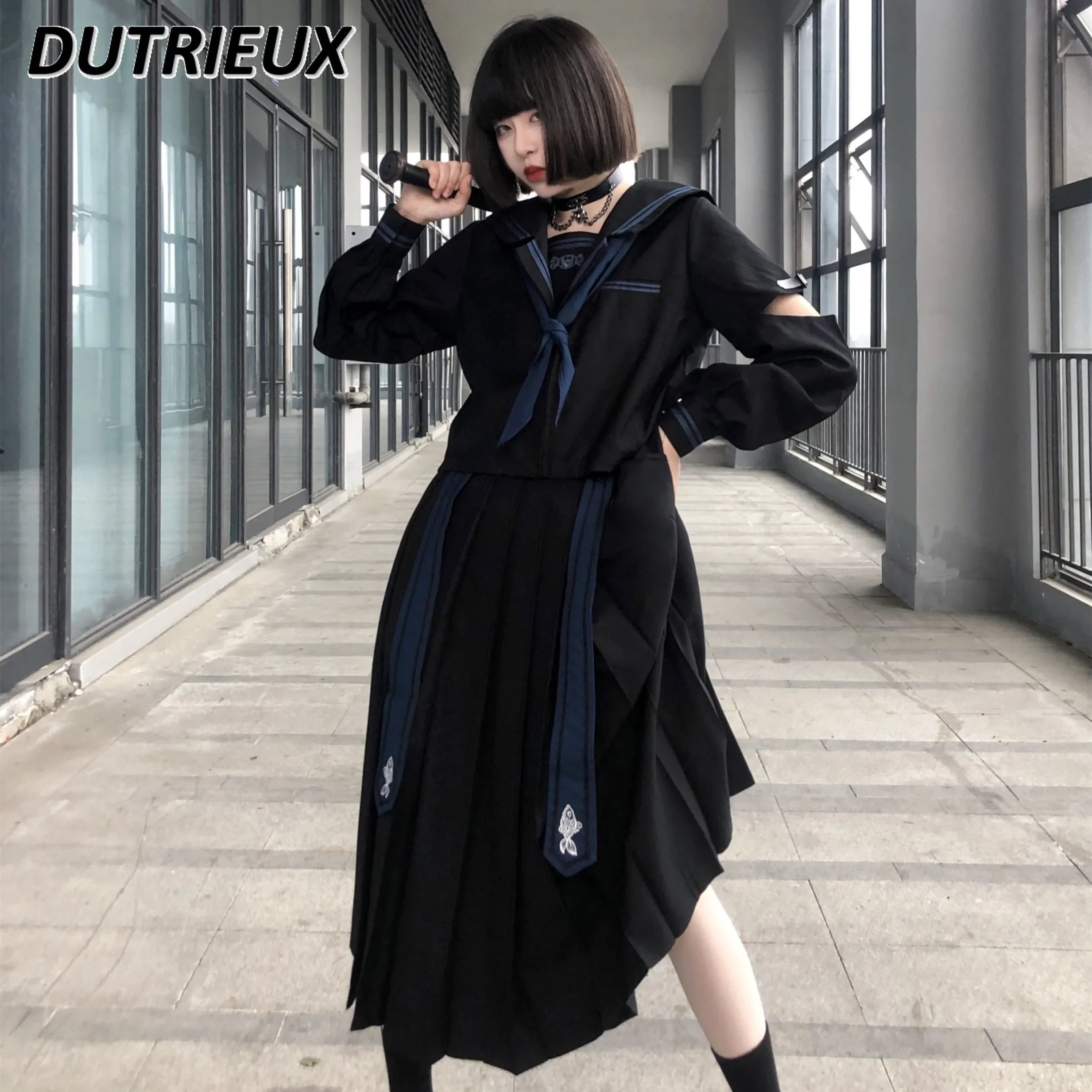 

Original JK Uniform Suits Japanese Style Sailor Suit Short Top and Black Pleated Skirt Set Spring and Autumn New Outfits