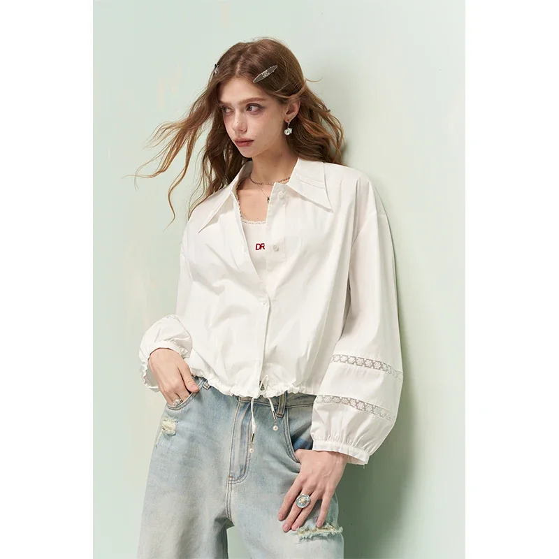 

ELFSACK Lace Trim Blouse for Women, Long Sleeve Button Down Shirt, Elegant Chic Top for Spring