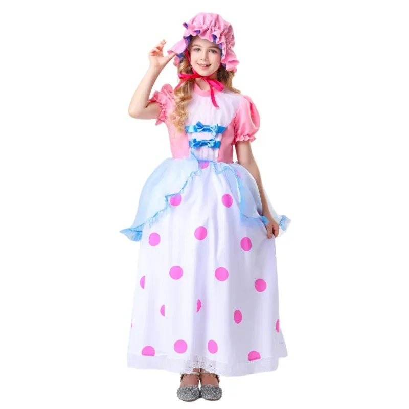 

Kid Toy Cosplay Anime Story Bo Peep Cartoon Shepherd Girl Shepherdess Polka Dot Pink Dress with Hat Costume Masquerade Halloween