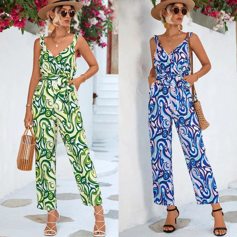 

Women's Lotus Le Printed Jumpsuit with Susp Low Waist Long Pants Autumn Faion Ladies' One-Piece Suit Casual Wear