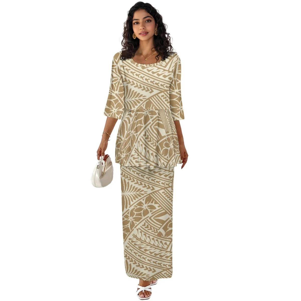 ชุดโพลีตาซีแบบสองชิ้นสำหรับผู้หญิง แขนสั้น ลายชนเผ่าโพลินีเซียน ลายฮาวาย สำหรับฤดูร้อน