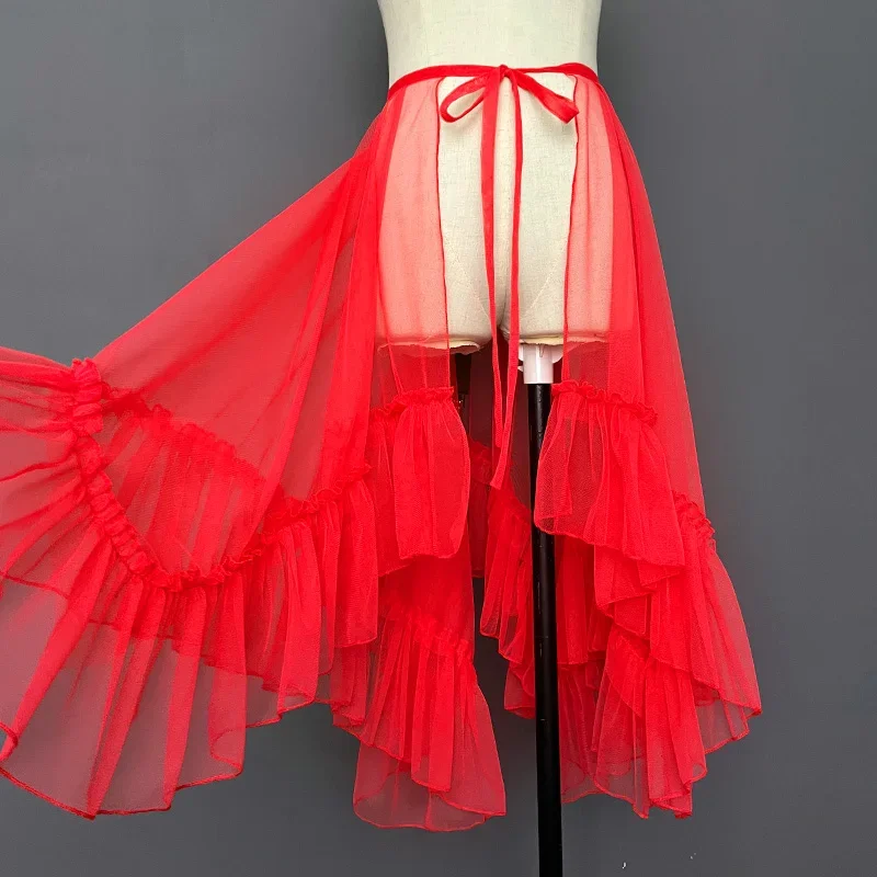 

2026 See Through Sweet Lolita Asymmetrical Ruffled Mesh Skirt Women Kawaii Cute Sheer Mesh Cover Up Curtian Thin Party Skirts