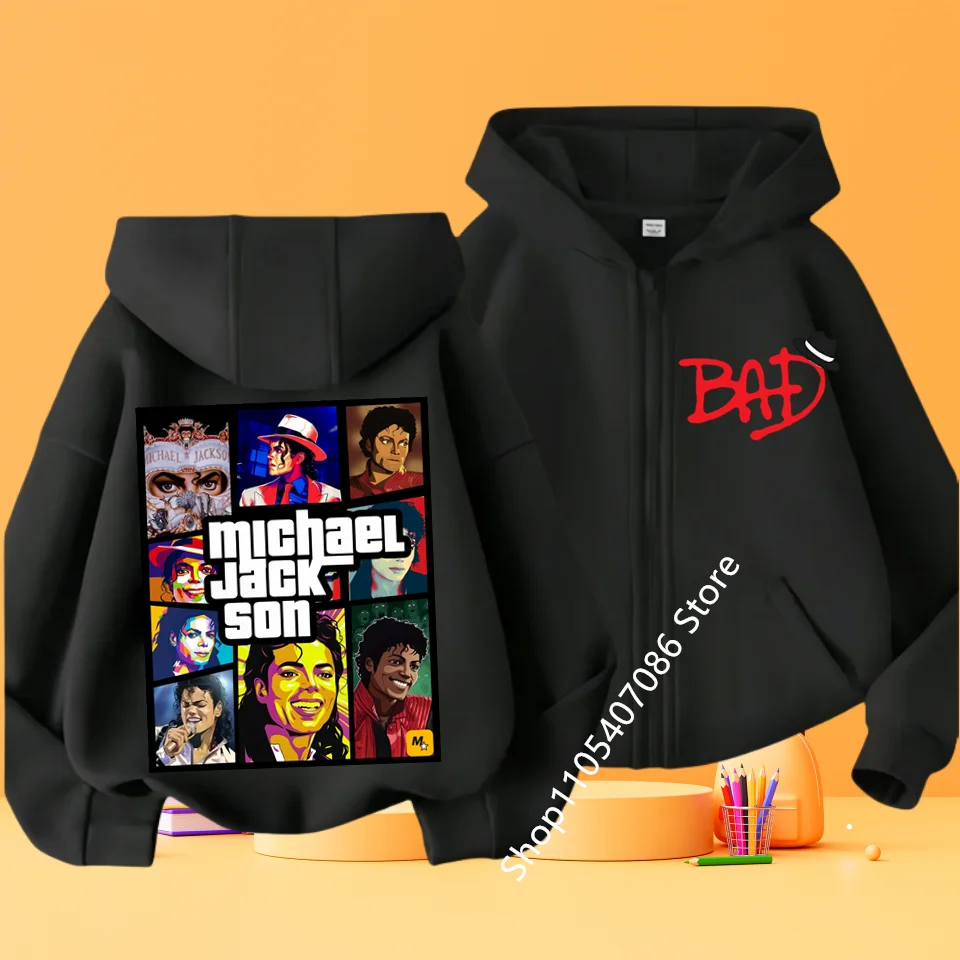 New Michael Jackson Long Sleeve Zipper Jacket Boys Hooded Clothes Autumn Spring Singer MJ Zip Up Streetwear with Pocket Tops