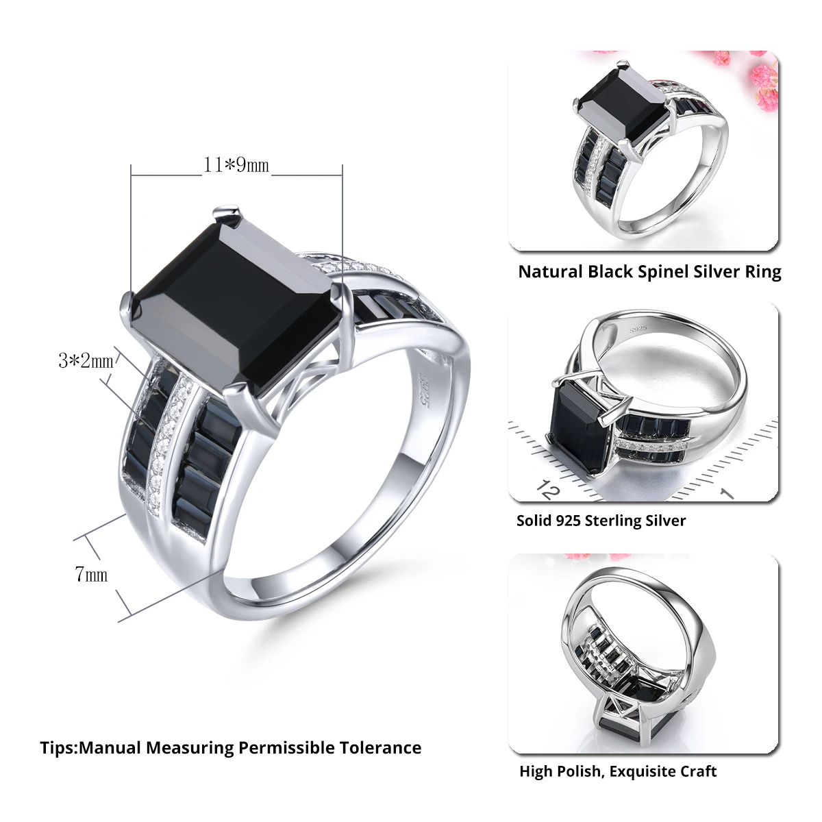 Natural Black Spinel Sterling Silver Unisex Men's Ring 6.2 Carats Faced Cut Spinel Classic Business Gifts Style Fine Jewelrys