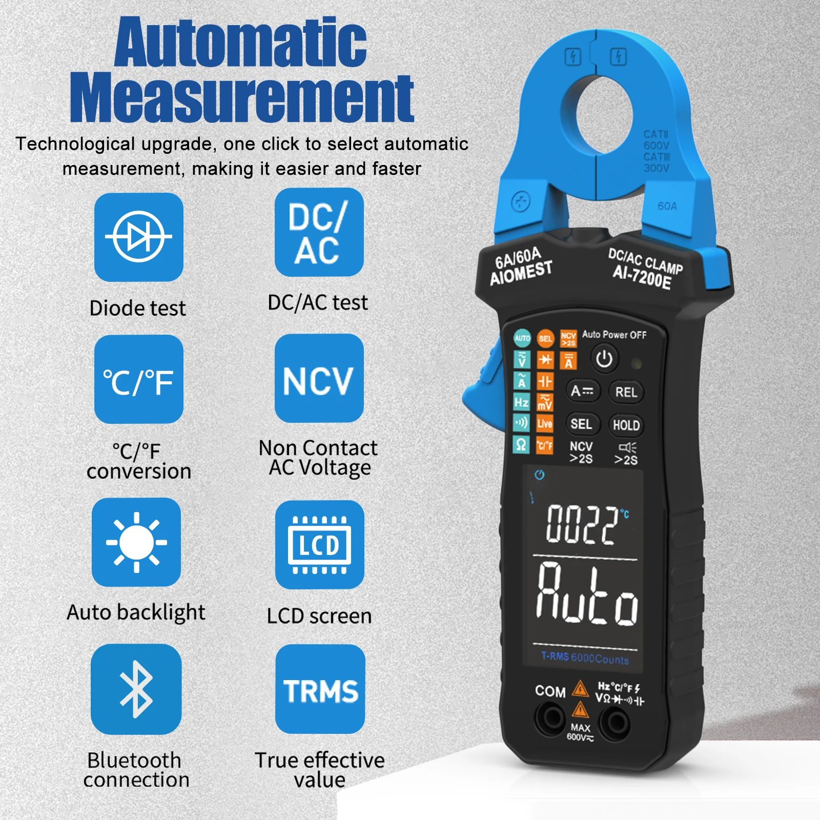 

Auto-Select Auto-Range 6A/60ATRUE-RMS Digital AC/DC Clamp Meter,6000 Counts LCD with Analogue Bar Graph,Measures Voltage/Current