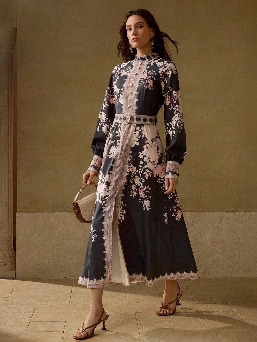 

Elegant Floral Long Dress With High Neck, Puffed Sleeves, And Decorative Belt