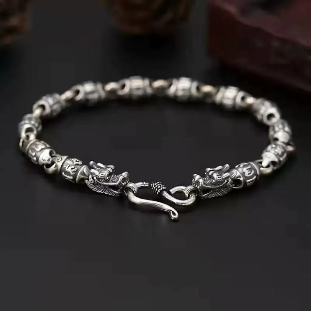

925 Sterling Silver Dragon Heads Bracelet for Men Women Six Words Mantra Beaded Chain Retro Vintage Punk Style Jewelry