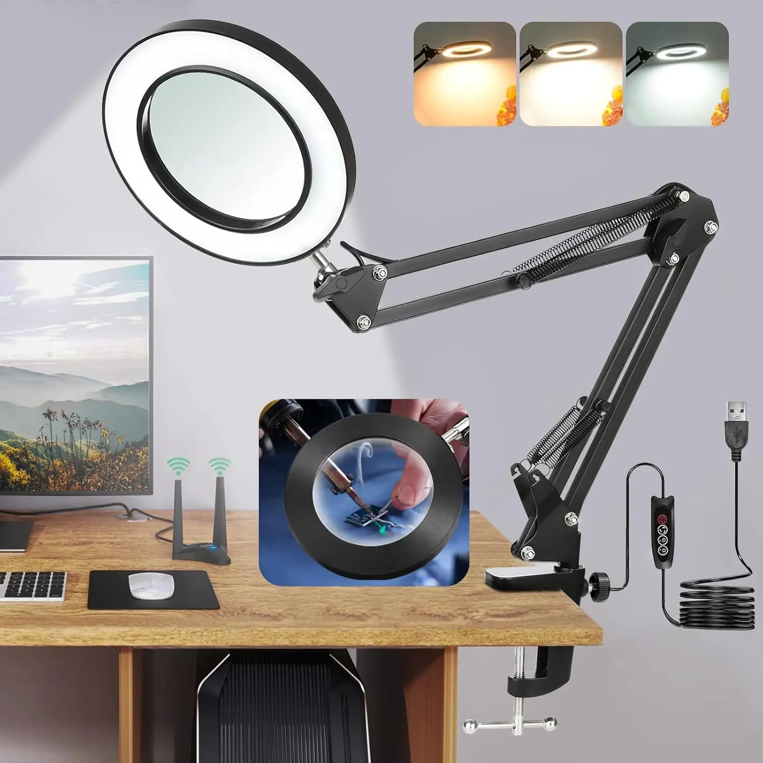 1 zestaw składanej lampy LED z długim ramieniem, lampka biurkowa do czytania i nauki, szkło powiększające z lampą LED, 3 temperatury barwowe, regulowane obrotowe ramię, do prac ręcznych, czytania i