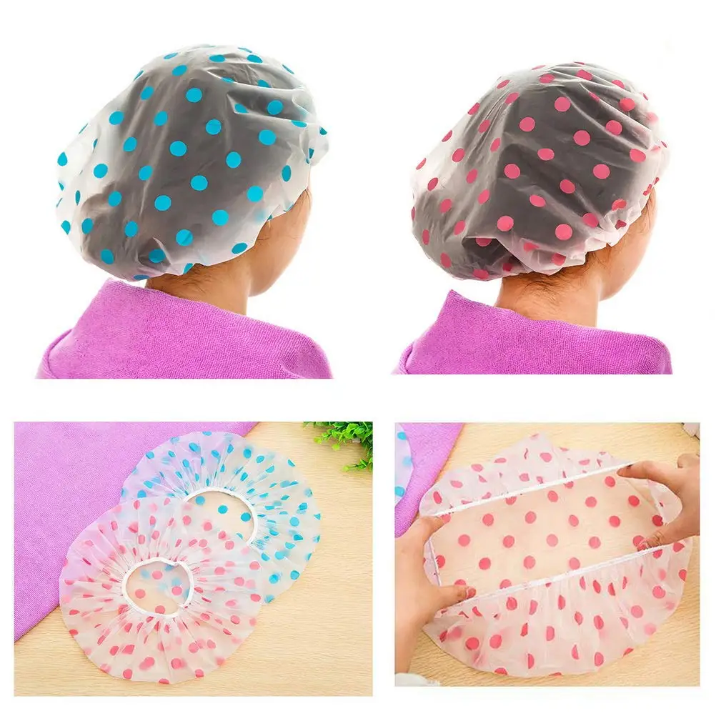 3Pcs Women Shower Cap Waterproof Wide Elastic Band Reusable Bashroom Cap Fashion Wave Point Shower Hat Bathroom Accessories