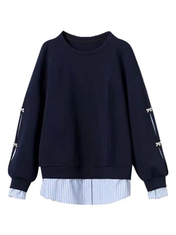 เสื้อสเวตเชิ้ตแบบลำลอง ดีไซน์สองชิ้นหลอกๆ  ทรงหลวม แขนยาว คอกลม  ใส่สบายๆ  สำหรับฤดูใบไม้ร่วง ปี 2025  เหมาะสำหรับใส่ไปทำงาน  ผ้าบางเบา