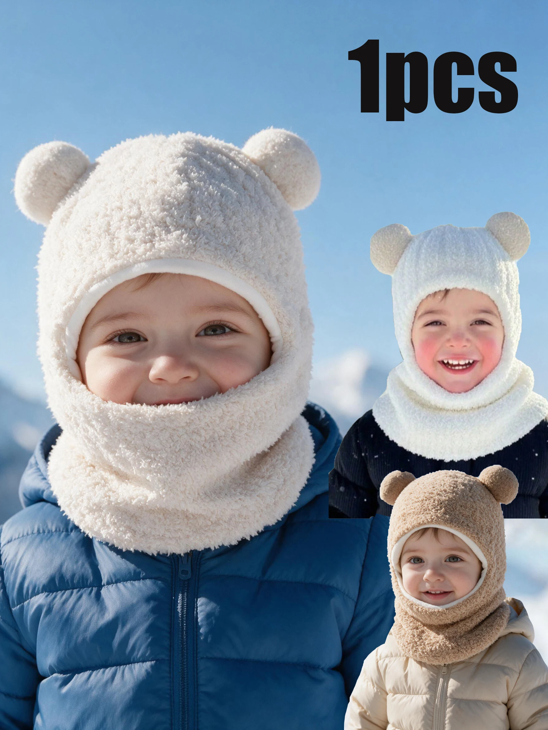 1pcs 1-3Y Cute Boys Kids Knit Balaclava, Bear Ear Decor Integrated Hat Scarf Wrap Cap