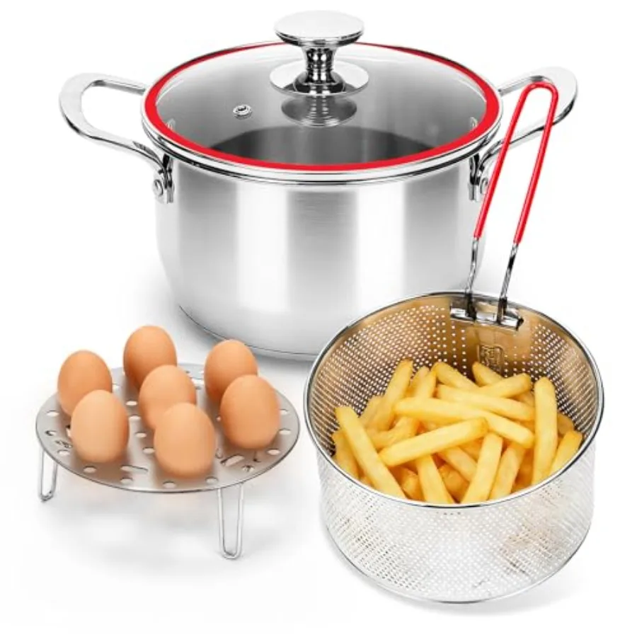 

Фритюрница из нержавеющей стали 304 объемом 4.0 л/4.2 QT с корзиной для кухни и кемпинга, многофункциональная, с корзиной-дуршлагом, антипригарная