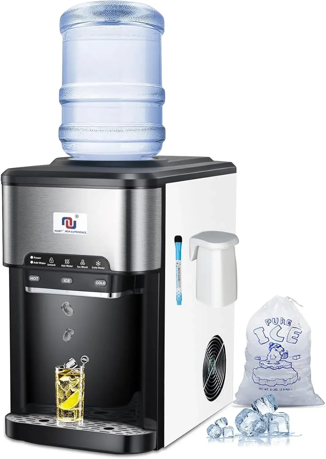 3-in-1 Portable Water Cooler Dispenser Built-in Ice Maker Countertop 44lbs Ice Daily Top Loading 5 Gallon Water Dispenser w