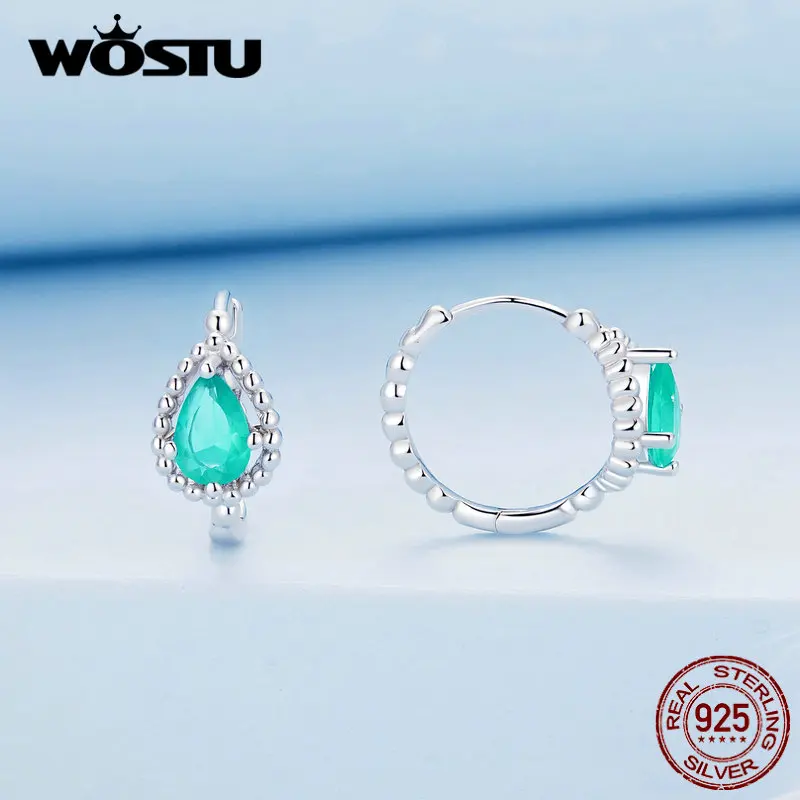 WOSTU 925 Sterling Silver Dewdrop Ear Clips Aqua Chain Earrings With Blue-green Transparent Glass for Women Fine Jewelry Gift