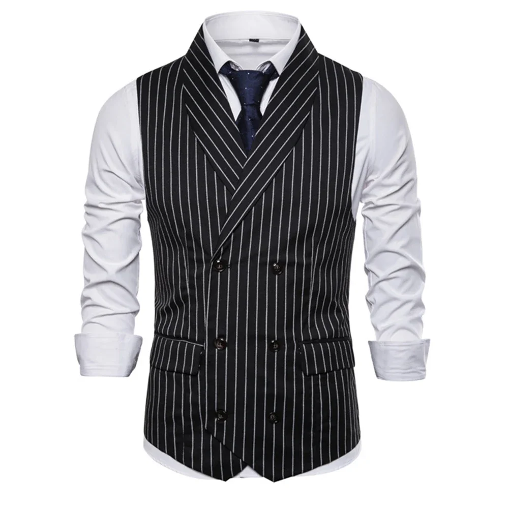 Chaleco de solapa ajustado para hombre, chaqueta Formal sin mangas con botones a rayas Retro, adecuada para varios eventos