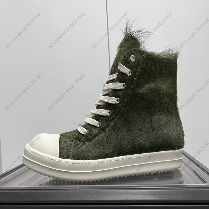 brand casual men boots horse fur leather women sneakers green high top quality designer fashion thick-sole flat shoe