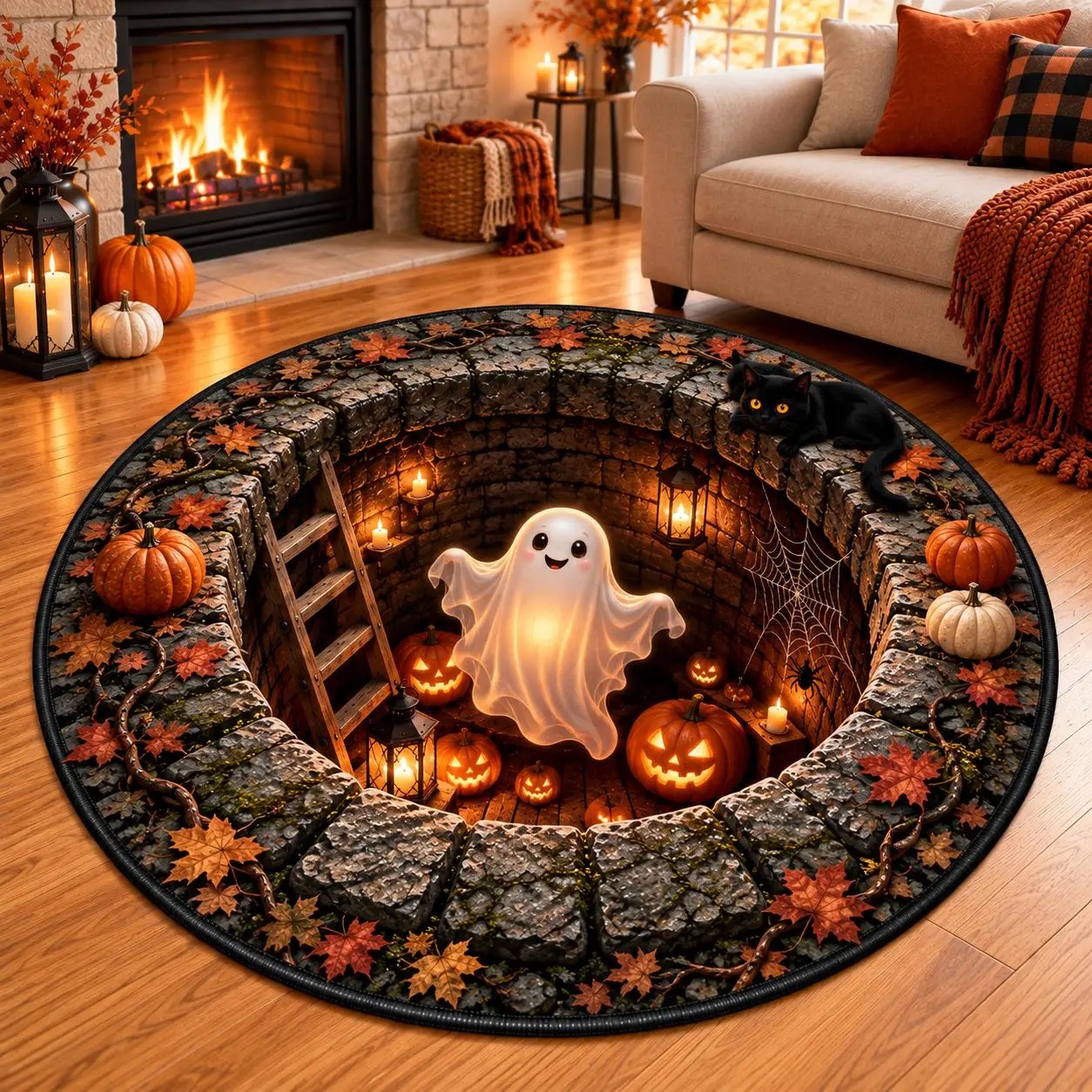 Autumn Maple Leaves Black Cat 3D Stairs Area Mat Stone Basement Optical Illusion Round Rug Halloween Front Door Welcome Carpet