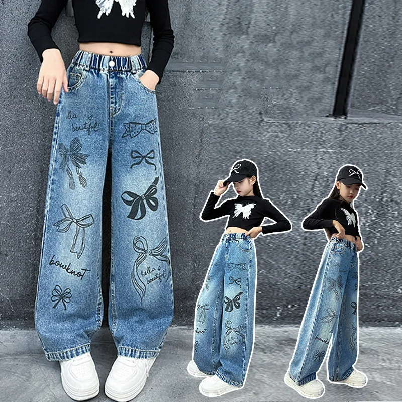 Girls Hand Drawn Graffiti Design Jeans New Teenage Children Wide Leg Denim Pants for Kids Loose Trousers Spring Autumn 4-15 Yrs